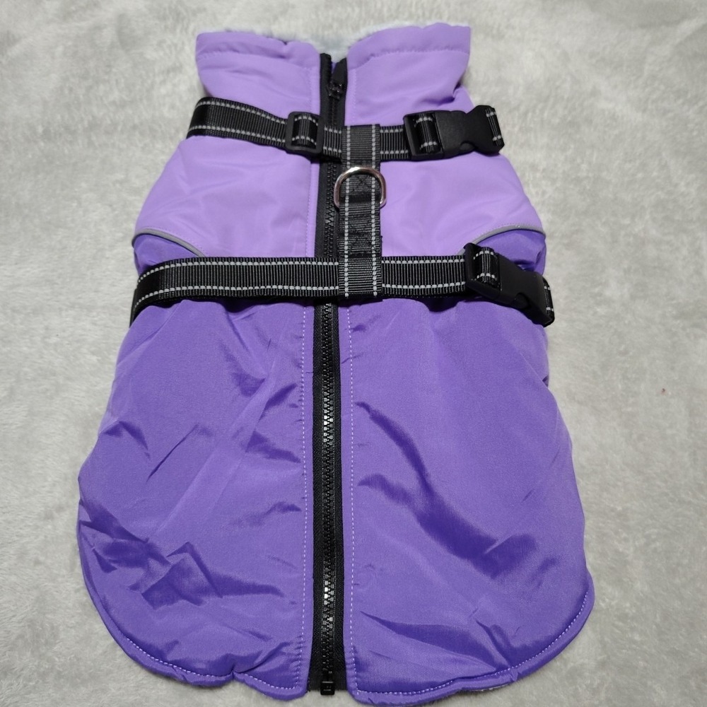 Pet Dog Jacket M  W/Harness Purple Winter Warm Clothes Waterproof Faux Fur‎